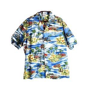 Vtg Aloha Republic Hawaiian Shirt Palm Tree Woodie Car Surfing From Hawaii XL